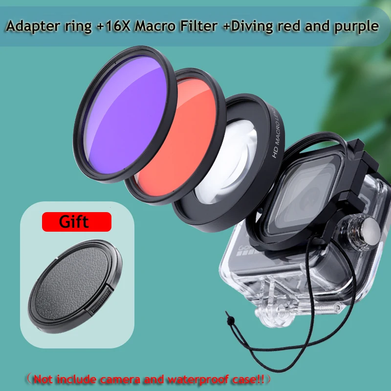 16X Macro Filter for Gopro 10/9/8 Black Original Waterproof Case Diving Red Purple Filter +Adapter Ring+Lens Cap for Gopro 10/9 camera neck strap Camera & Photo Accessories