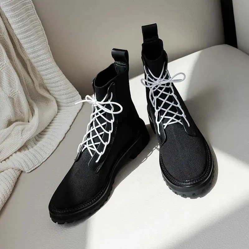 Krazing pot/трикотаж высокого качества; модные зимние сапоги на среднем каблуке с круглым носком и шнуровкой; сохраняющие тепло; сезон осень-зима; эластичные мотоботы; l11