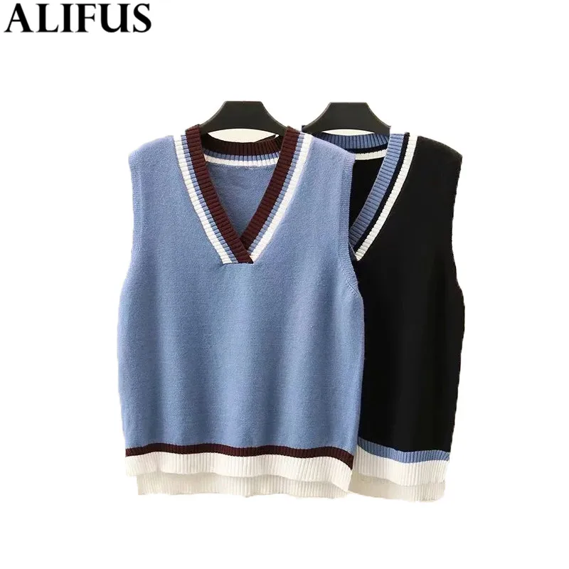 

Fashion Za Women Vest 2019 Vintage Knitted Waistcoat Sweater Pullover V-neck Sleeveless Stylish Outerwear Female Ladies