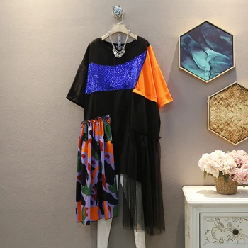 

[EWQ] 2020 Spring Summer New Arrivals O-neck Short Sleeve Mesh Patchwork Irregular Dress Women Streetwear Trend Fashion AY00901