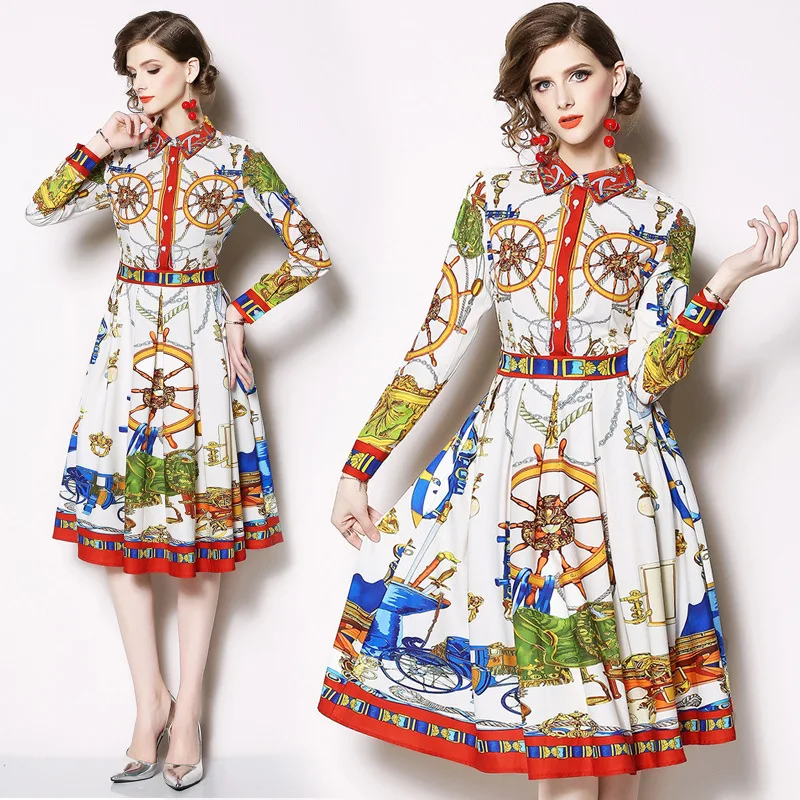 

2019 Spring New Style Europe And America Women's Lace-up Long Sleeve Waist Hugging Medium-length Fashion Printed Slimming Dress