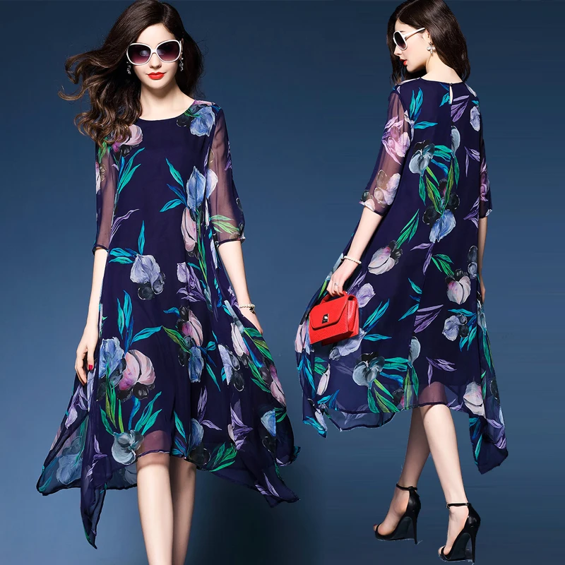 

Summer new style big size M-3XL women's dress Medium long floral silk dress Temperament print dress