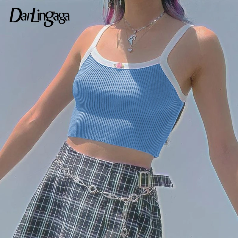 Darlingaga Flower Appliques Sweet Crop Top Women Contrast Color Strap