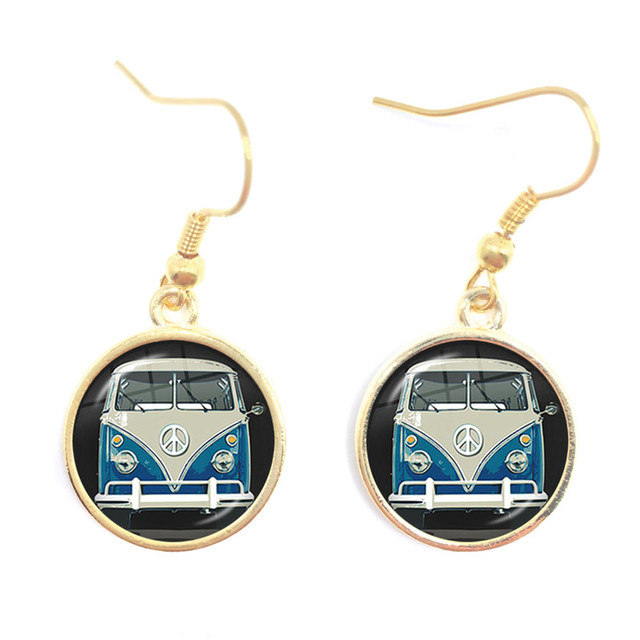 Blue-Red-Yellow Hippie Peace Van Bus Photo Drop Earrings Retro Beach Bus Car Collectors Bus Peace Sign Jewelry For Women