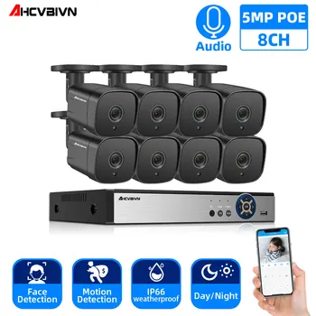 

AHCVBIVN 5MP NVR Kit 8CH 4CH POE Camera System Human/Face Detection Audio IP Camera Outdoor Security Video Surveillance