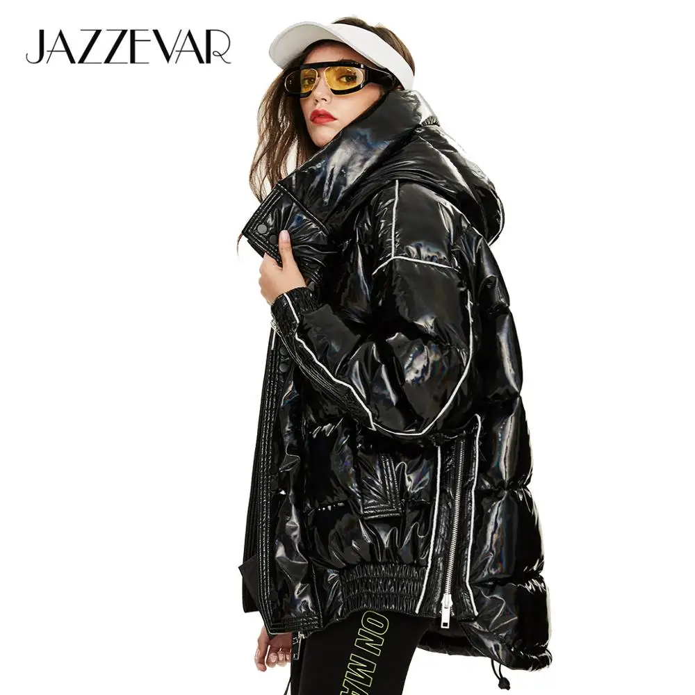 

JAZZEVAR-Women's Thick Down Jackets, Oversized Outerwear, Hooded Bling, Sliver Winter Coat, High Quality, New Fashion