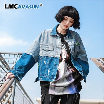 

LMCAVASUN Spring Embroidery Letter Denim Jacket Women 2020 Lapel Hole Patchwork Denim Coat Loose Women Denim Coat