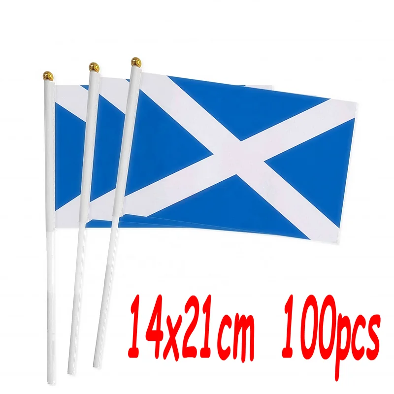 

ZXZ 100pcs Scotland hand Flag 14*21cm Polyester Double Side Printing Scotland Hand waving Flag with plastic flagpole