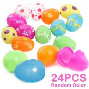 

Besegad 24pcs Colorful Easter Egg Lovely Plastic Printed Empty Eggs for Easter Hunt Party Decoration Detachable Empty Easter Egg