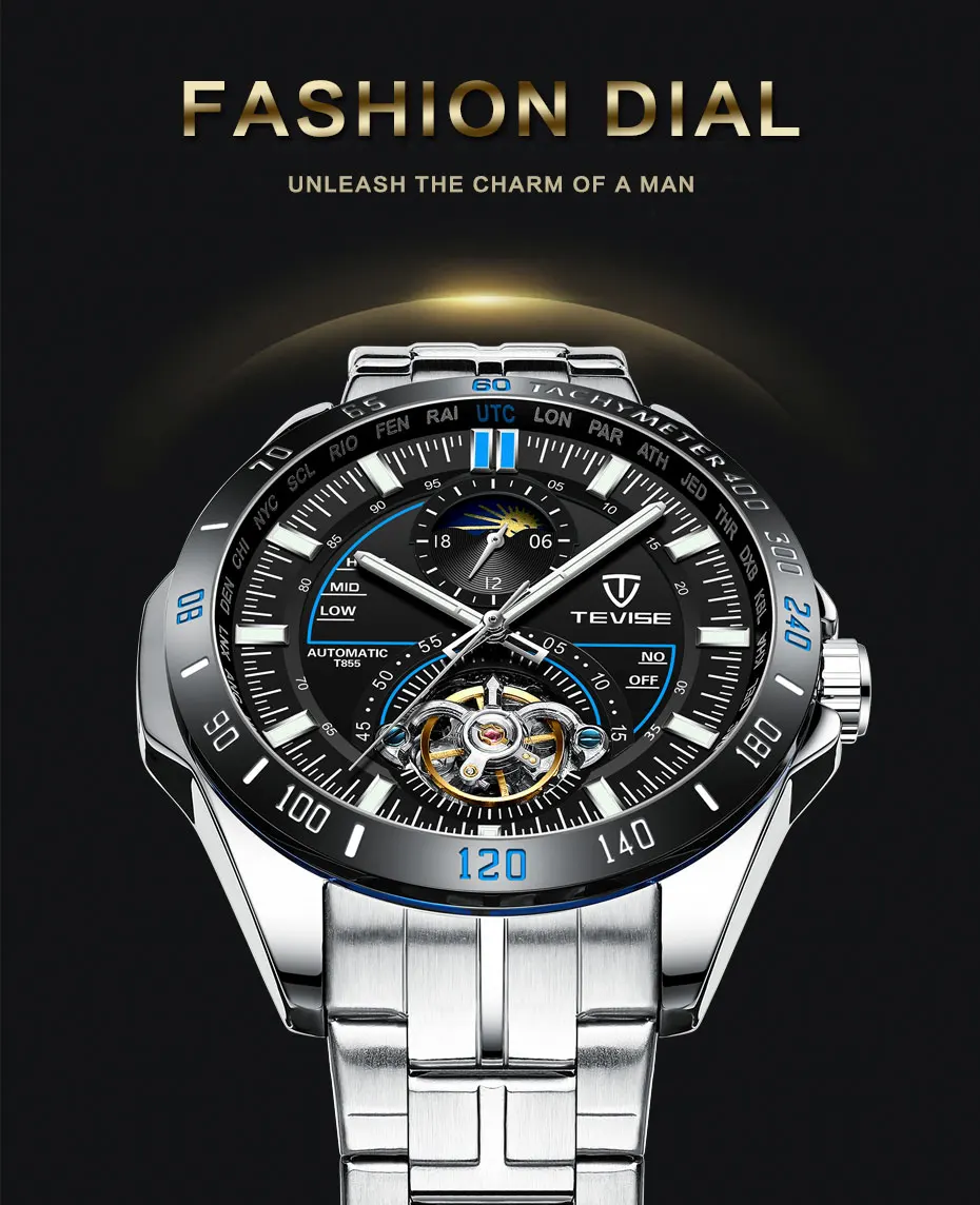 Tevise брендовые Модные Мужские автоматические механические часы для мужчин Trourbillon Moon phase водонепроницаемые спортивные часы Relogio Masculino