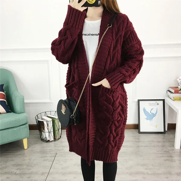 Women Long Cardigans Autumn Winter Open Stitch Knitting Loose Sweater Oversized Cardigans big pockets Cardigan Fall Jacket Coat - Цвет: Burgundy