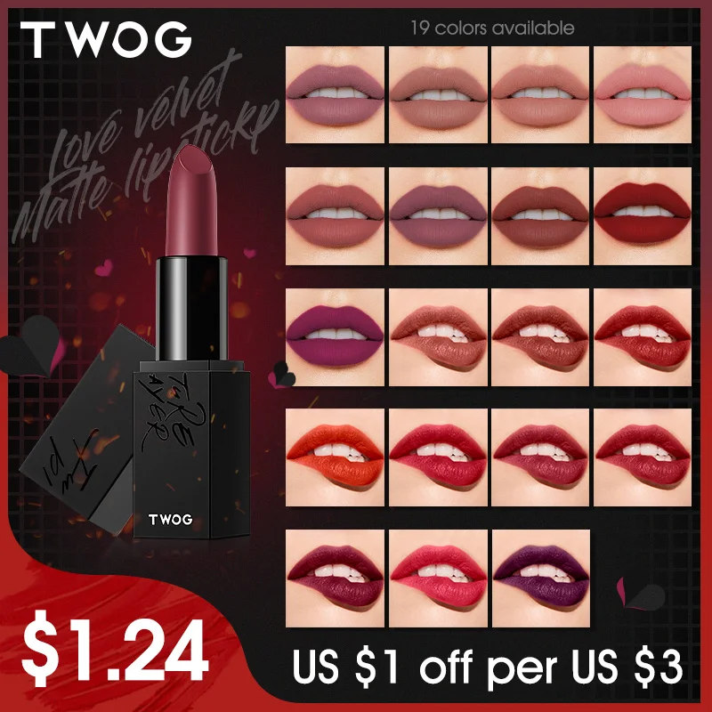 

TWOG Matte Lipsticks 9 Colors Waterproof Long Lasting Easy to Wear Lipstick Pomade Cosmetic Lip Gloss Makeup