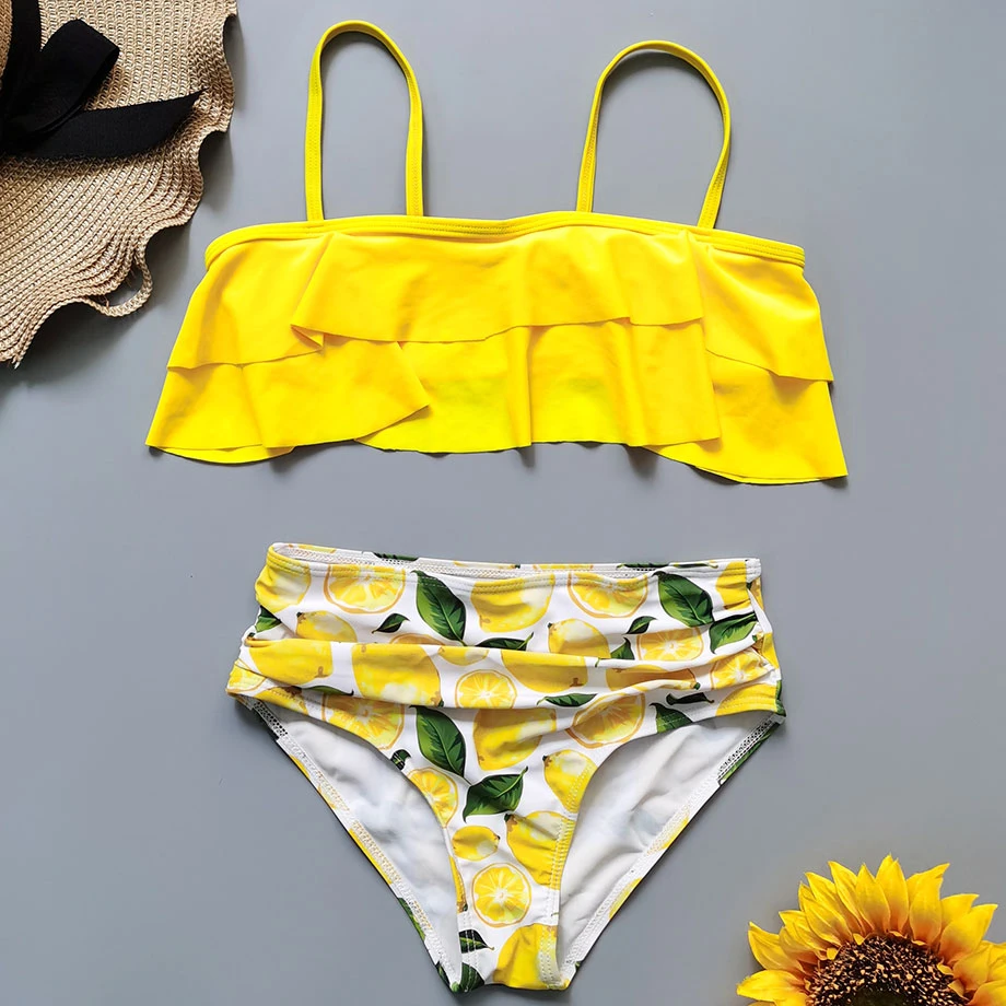 Bañador con estampado de limón para de 7 a 14 años, conjunto de Bikini con volantes, traje de baño de 2 piezas, playa|Bodis| - AliExpress