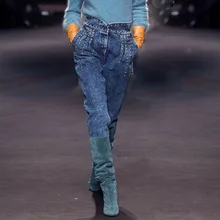 LMCAVASUN джинсовые брюки для женщин с высокой талией, из лоскутов с тяжелыми заклепками длинные джинсы женские Весна уличная мода Tide