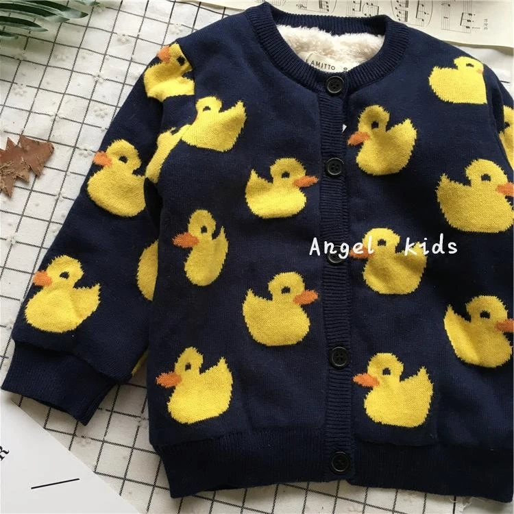 Tonytaobaby/Новинка зимы; Детский кардиган для мальчиков и девочек с изображением маленькой утки; вязаный плюшевый свитер из чистого хлопка