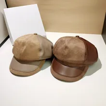 202108-SHENGJIN atutumn spring suede patchwork pu  fashion lady Octagonal hat men women  visors cap