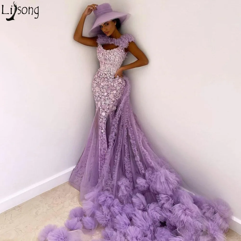 Unique Lilac Tiered Ruffles Purple Prom Dresses Illusion Sheer Neck Lace Appliques African Evening Dress Plus Size Formal Sweep Train Gowns