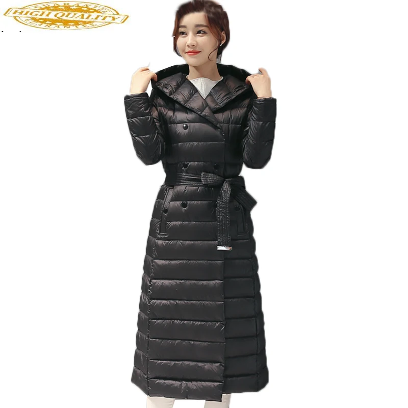 Куртка женская осень-зима Новинка длинное тонкое с подкладкой капюшоном поясом