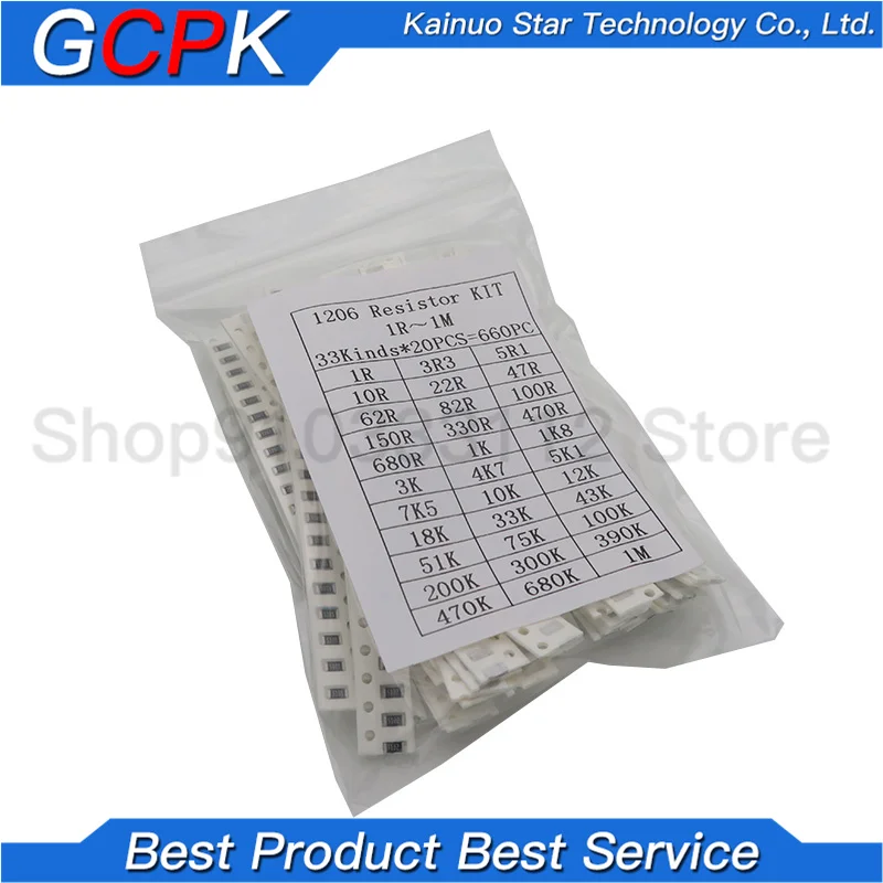 

1206 SMD Resistor Kit Assorted Kit 1ohm-1M ohm 1% 33valuesX 20pcs=660pcs Sample Kit