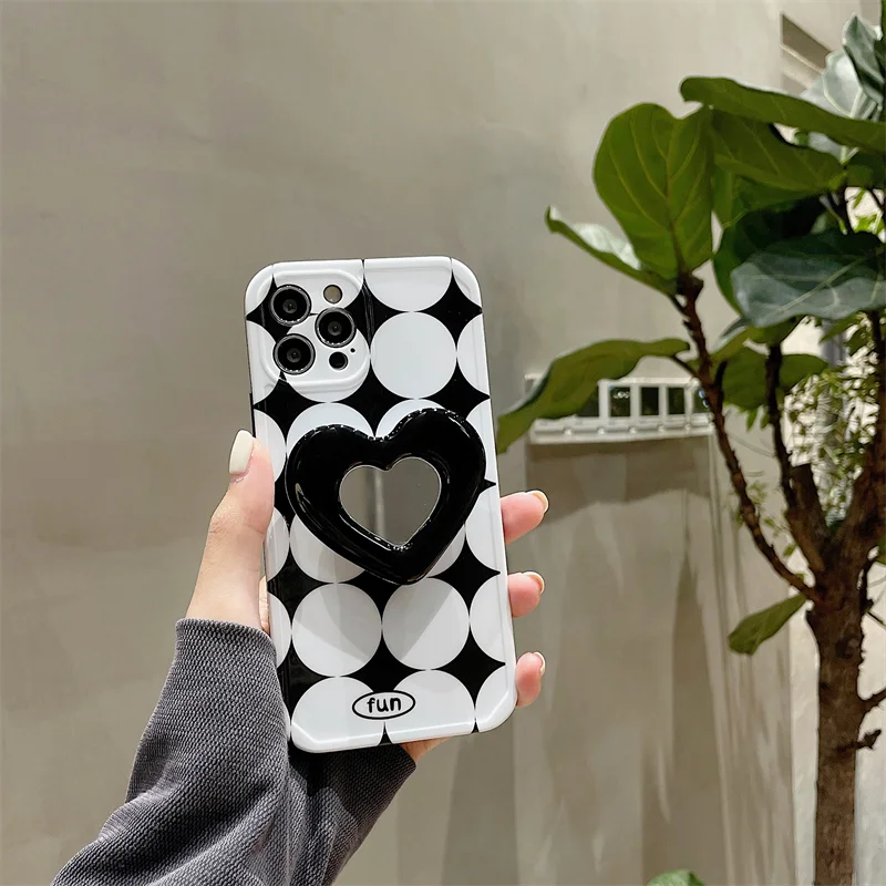 Stylish Rhombus Round Camera Protection Love Mirror Stand Phone Case For Iphone 11 12 Pro Max X XR XS 7 8 Plus Back Cover |