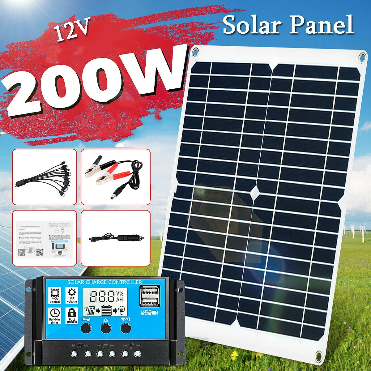 Placa do Carregador com 20a 12v para Acampamento ao ar Painel Solar Dupla Usb Portátil Bateria Power Bank Controlador Livre Luzes Iate 200w Kit