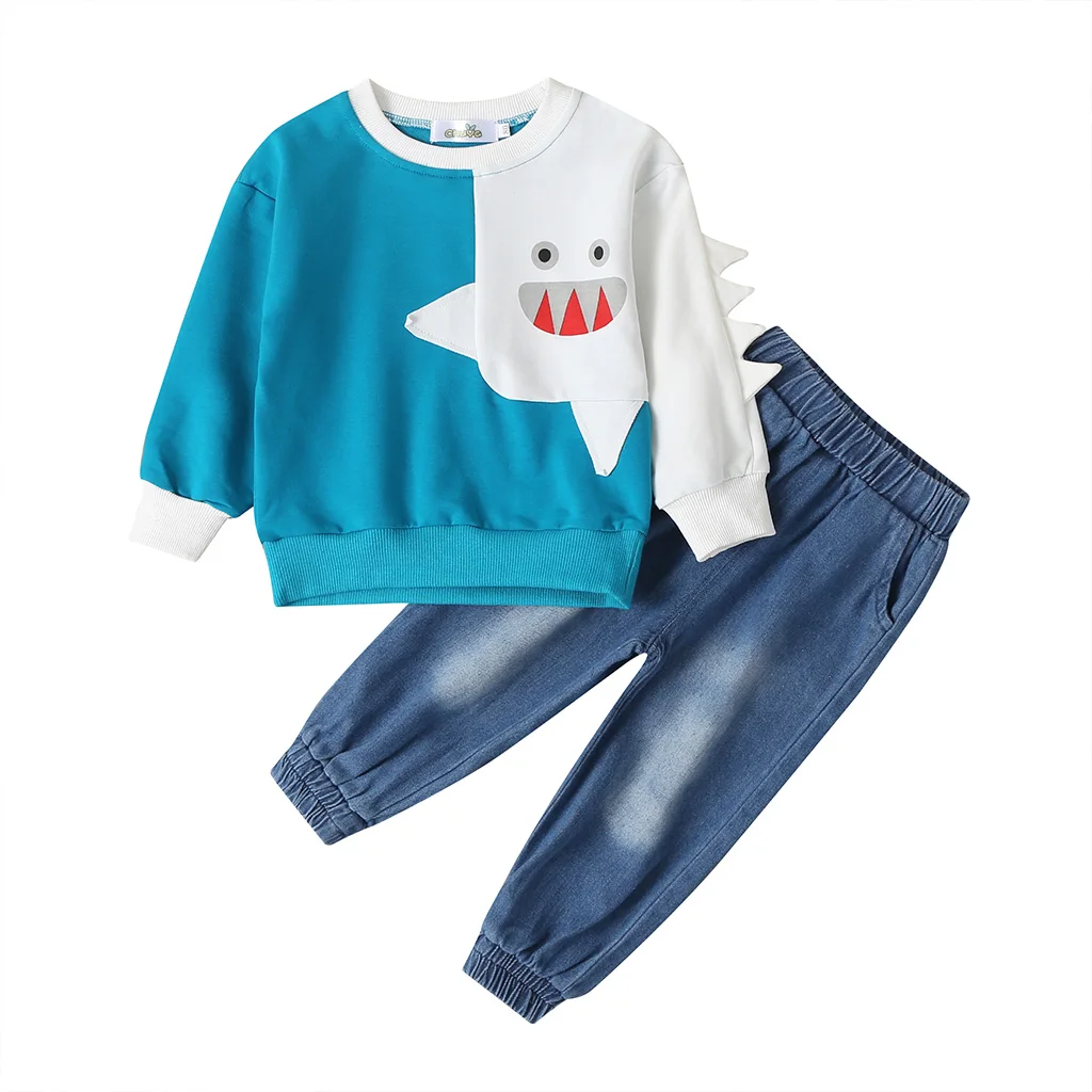 Children's autumn suit Baby boy long sleeve cartoon fashion 2 piece set new children's jeans suit Selling - Цвет: Светло-голубой