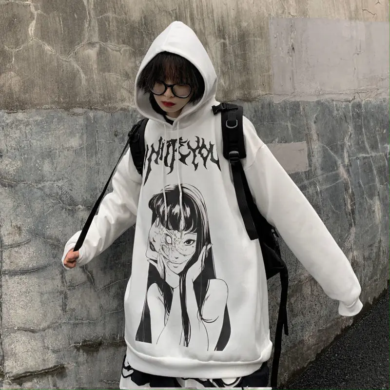 HOUZHOU White Anime Print Hoodies Women Autumn Winter Oversized Hooded Sweatshirt Harajuku Gothic Streetwear Aesthetic Graphic