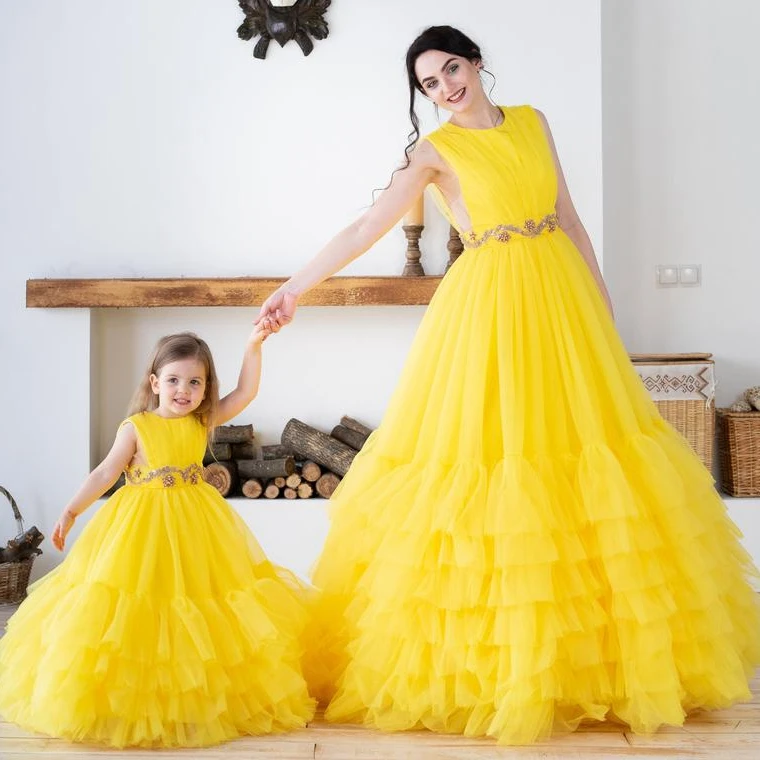 

Mother & Daughter Yellow Tulle Puffy Dress Ruffled Tiered A-line Dress Floor Length Appliques Fromal Party Gown Custom made