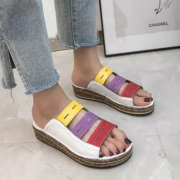 

Summer shoes woman 2020 fashio pu slippers women shoes soft platform shoes mixed colors sewing summer sandals female slides