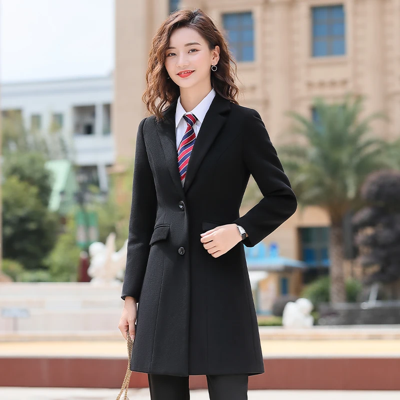 Зимний толстый деловой плащ, длинный женский офисный женский Формальное пальто для работы, большие размеры, черный, синий цвет, женская элегантная верхняя одежда, утепленная осенняя одежда