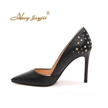

Rivet Pointed Toe Black Asakuchi Stilleto Pumps Basic Single Party Office Ladies Sexy Funky Shoes Size 14 15 16 NANCYJAYJII