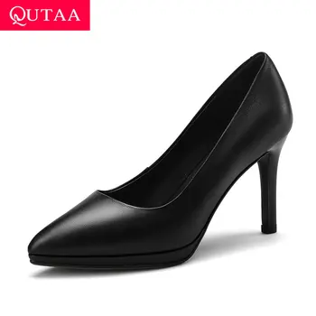 

QUTAA 2020 Thin High Heel Pointed Toe Office Women Shoes Cow Leather Slip on Ladies Pumps Black Classic Work Shoes Size 34-39
