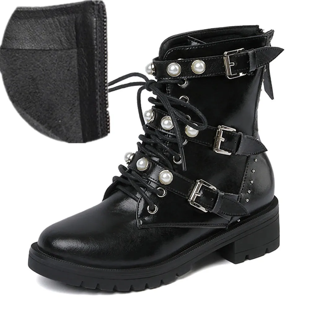 pearl Boots plush in Prova Perfetto; черные мотоботы из натуральной кожи; женские облегающие сапоги с пряжкой; ботинки «Челси» с заклепками в стиле панк; короткие Ботинки martin в британском стиле - Цвет: pearl Boots plush in