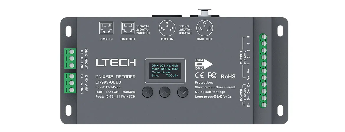 5CH DMX-PWM декодер; RGB+ CCT декодер 5 каналов DMX DecoderDC12-24V вход; 6A* 5CH XLR-3/RJ45 зеленый порт терминала