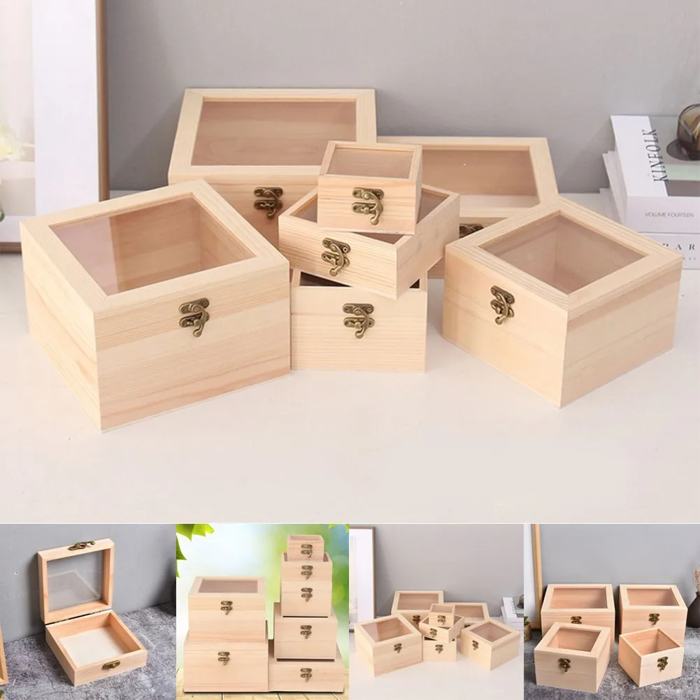 Wooden Storage Box Plain Wood boxes With Clear Lid Multifunction Square  Hinged Craft Gift Box Wooden Jewelry Storage organizer