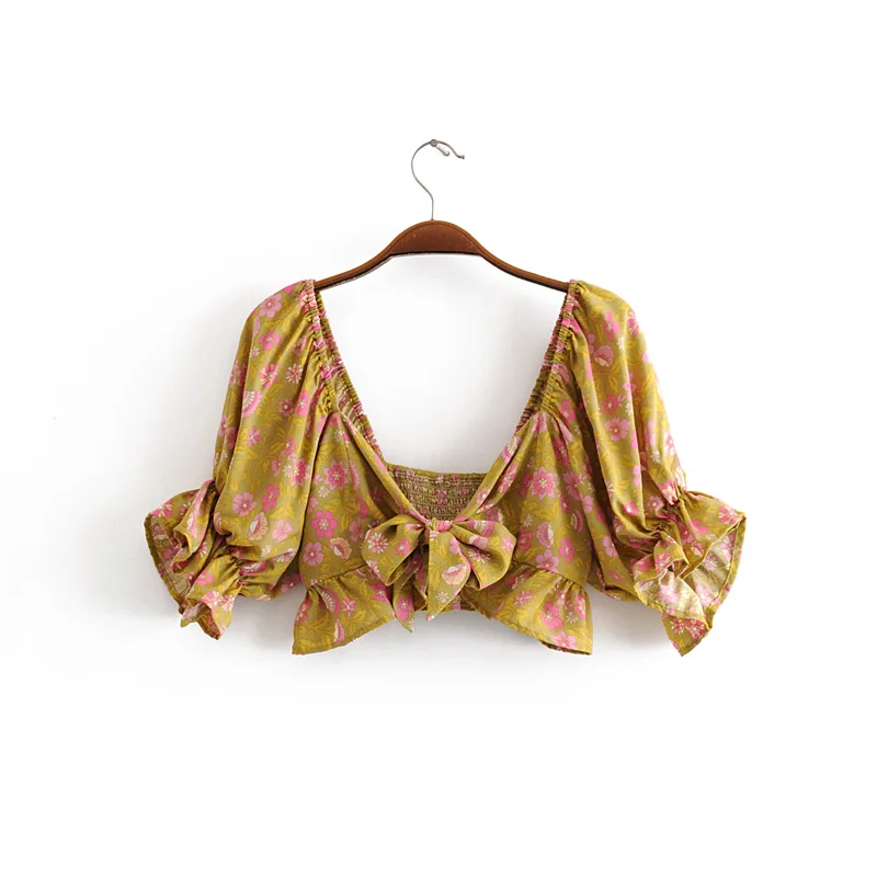 Everkaki Boho печати лук короткая блузка Топы женские спинки Короткие рукава с оборками эластичный Топ Блузки женские Лето Осень новинка