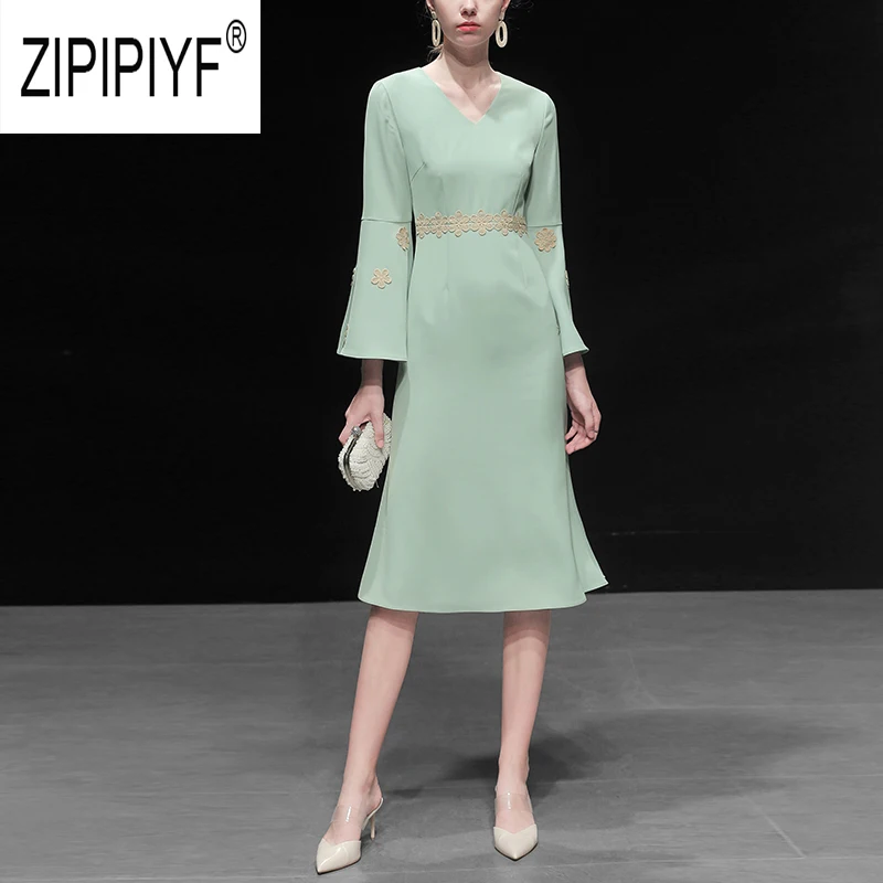 Euro Style Fashion Women Autumn Dresses V Neck Long Flare Sleeve Embroidery A-Line Dresses Elegant Office Lady Dress Z2243