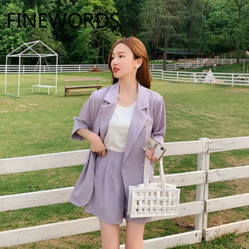 

FINEWORDS Elegant Purple Suit Sets And Shorts Vintage Two Piece Set Korean Women Work Wear Clothes Plus Size Conjuntos De Mujer