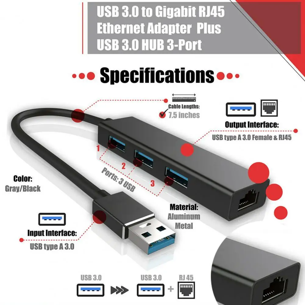 

Сетевой адаптер USB 3,0 Gigabit Ethernet Lan RJ45, 1000 Мбит/с, 3 порта