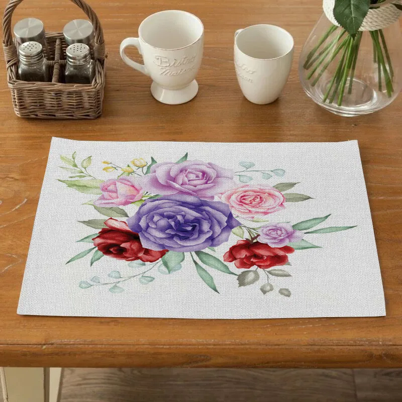 

Rose Flower Pattern Placemat Europe Polyester Rectangle Table Mat Cup Mat Drink Coasters Tea Party Decorations Mug Coasters New