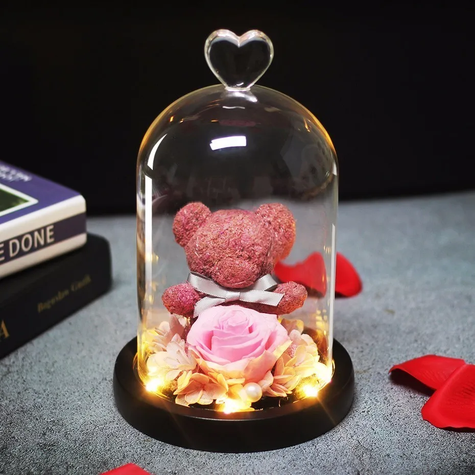 Pink Список розовый маленький медведь светильник в виде Розы бутылка в банке настольная ночник Красавица и Чудовище романтический подарок - Цвет: Pink