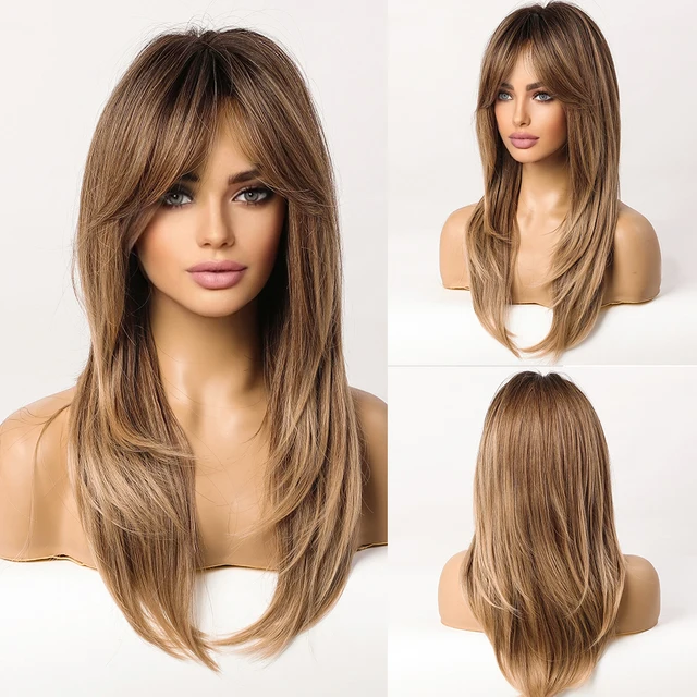 JONRENAU Long Natural Synthetic Straight Layered Hairstyle Wig Black Ombre Brown To Blonde Wigs for Black Women with Bangs Hair lc259-5