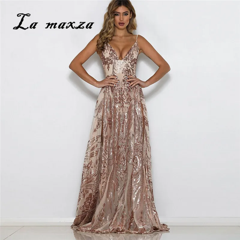 

2020 Summer Elegant Women Print Spaghetti Straps Dress Fashion Deep V-neck Sexy Long Dress