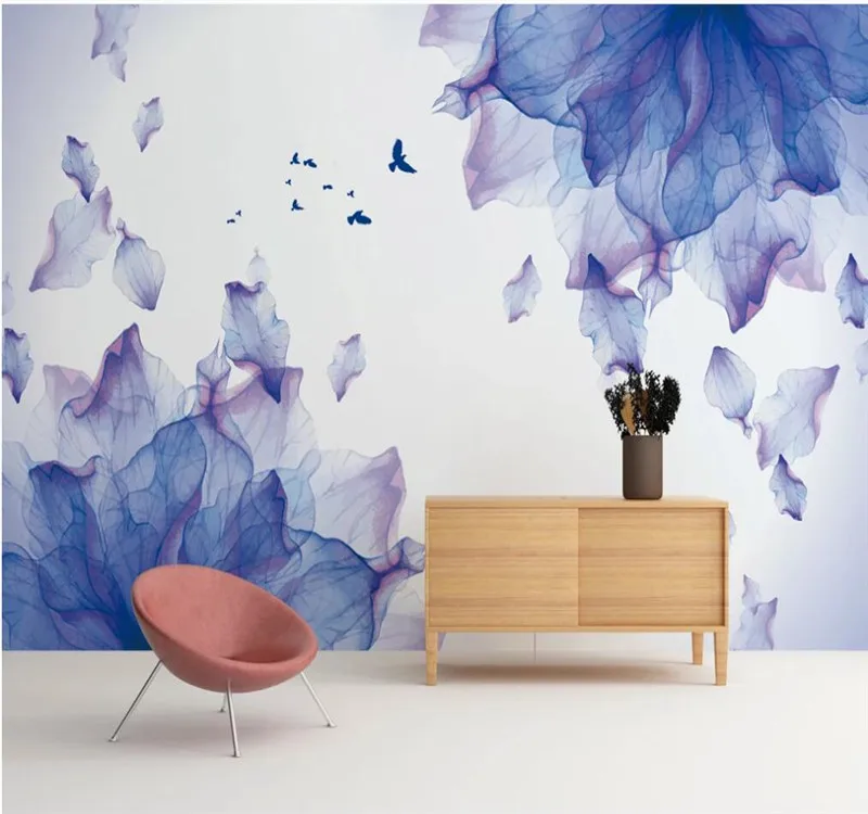 XUE SU Large custom home decoration wallpaper mural fashion beautiful purple petals flying birds background wall wall covering