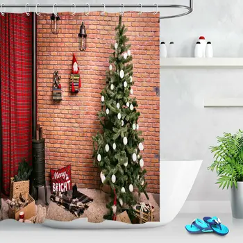 

Rustic Brick Wall Christmas Tree Fabric Shower Curtain Set Bathroom Decor Hooks