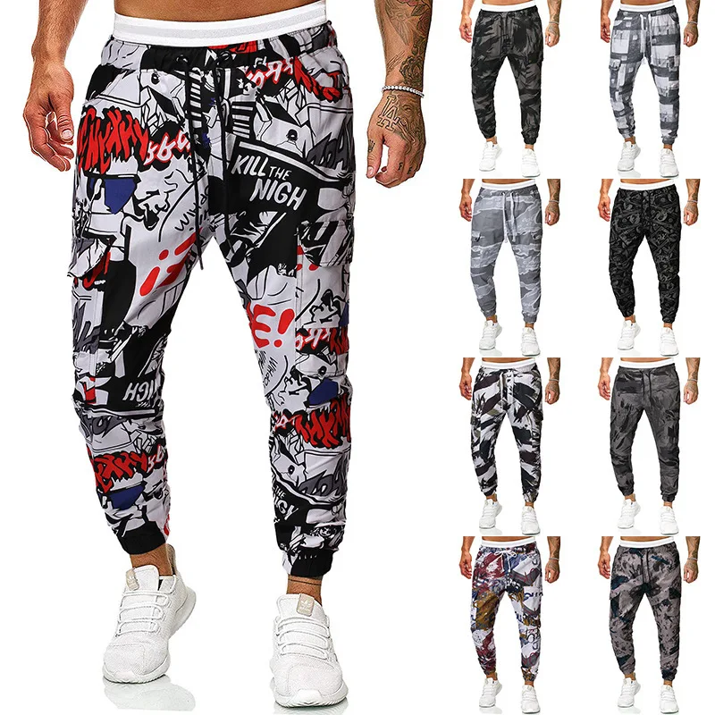 

2019 Autumn And Winter New Style Ouma Stylish Printed Bouquet Feet Slim Fit MEN'S Sports Pants Casual Pants