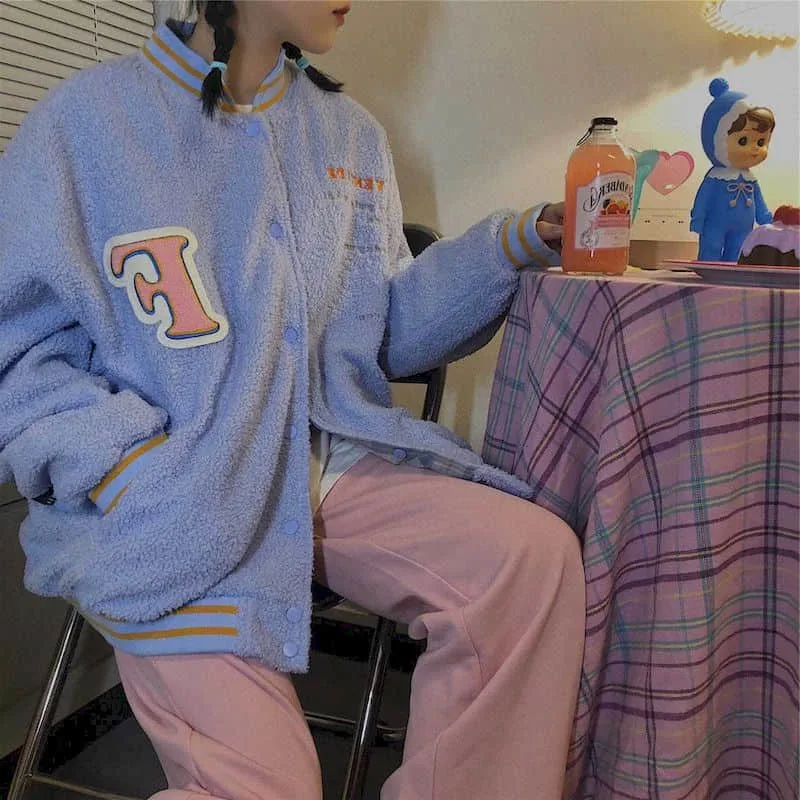 

Lamb wool double-sided women jacket 2022 spring autumn new Korean check Harajuku BF student baseball uniform coat Vintage tops