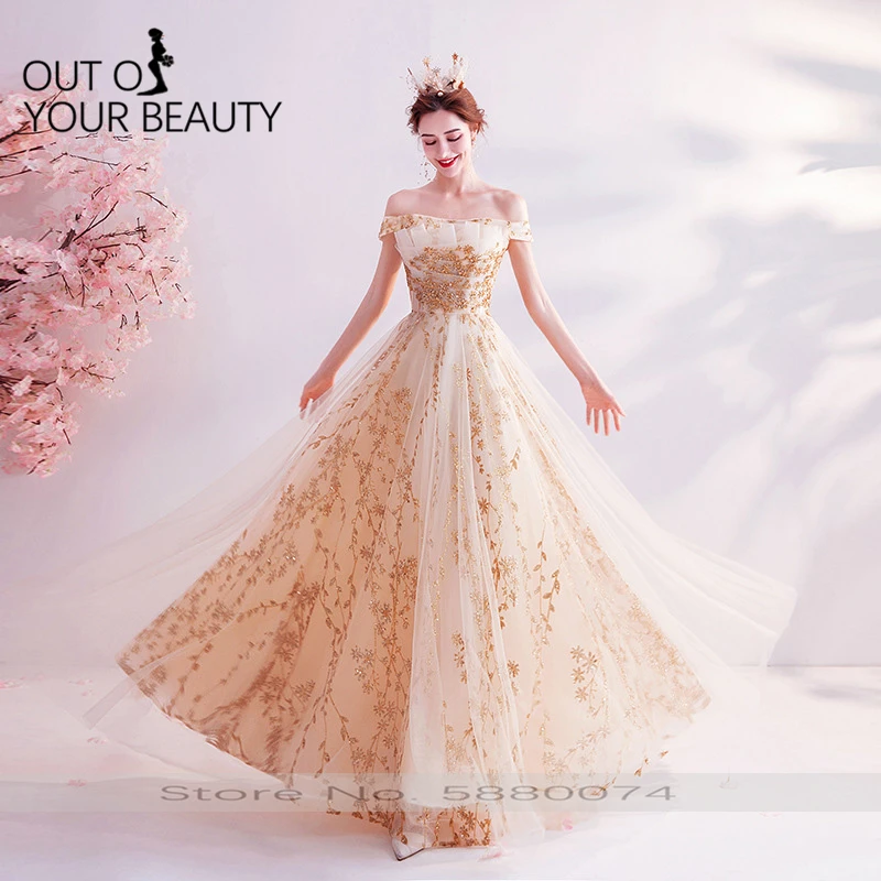 

2020 New High-end Elegant Evening Dress Rose Gold Sexy Off The Shoulder Slim Sequins Long Style Annual Meeting Dress