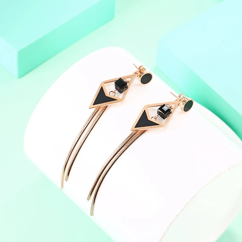 Женские длинные серьги с ромбовидным камнем из нержавеющей стали цвета розового