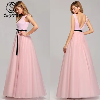 

Skyyue Evening Dress Sleeveless Backless Floor Length Party Gown 2019 Plus Size O-neck Robe De Soiree Pink Sexy Formal Prom Gown